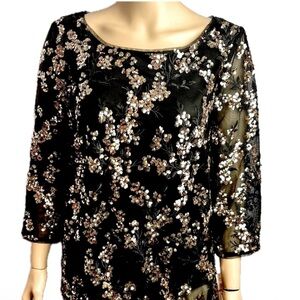 Alex Evenings Black Top with Rose Gold and Gold Sequin Floral Design Sparkle